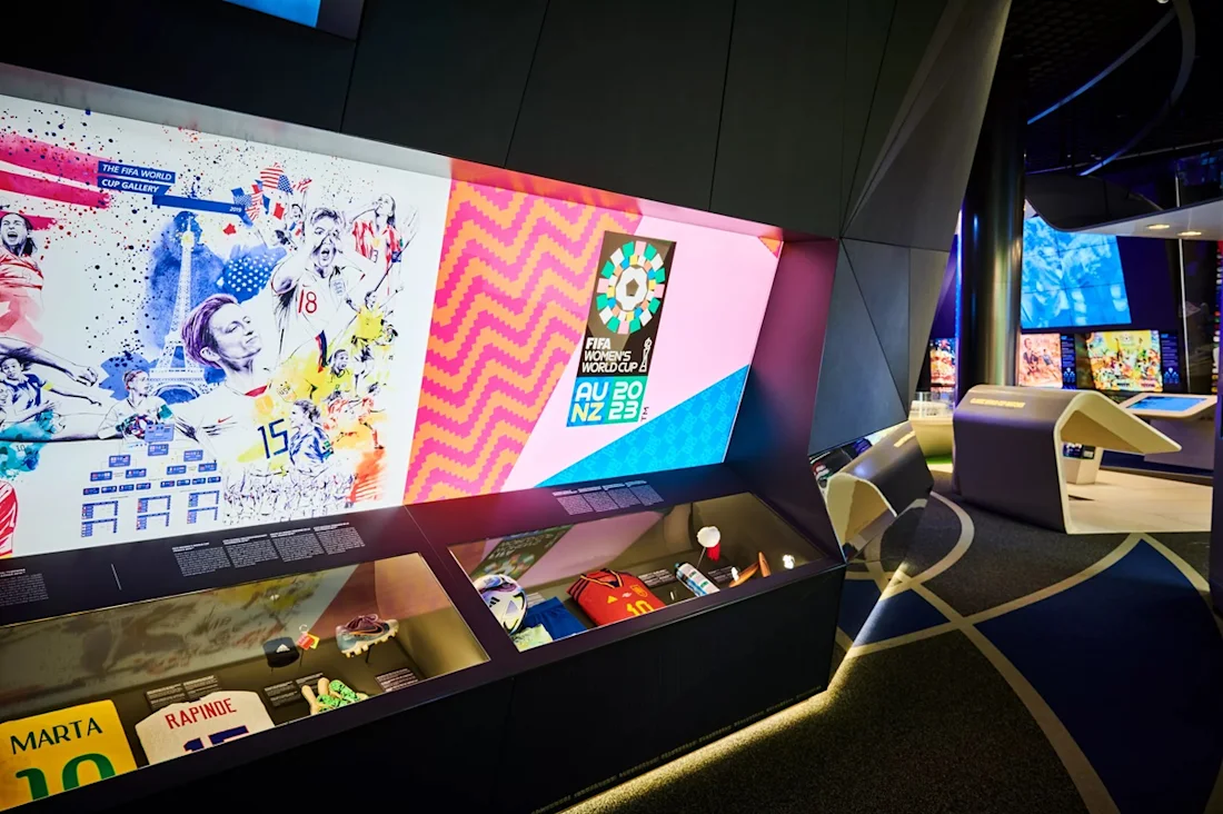 FIFA Women’s World Cup 2023 Showcase. Digital screens and display cabinets in the FIFA Museum.
