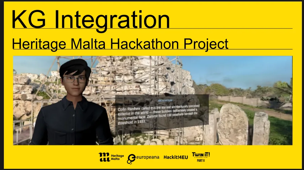 Banner for KG Integration: Heritage Malta Hackathon Project with a digital avatar and ancient ruins in the background.