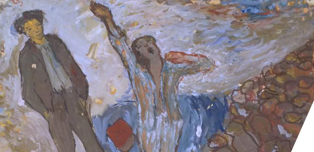Two figures one stretching and one looking on
