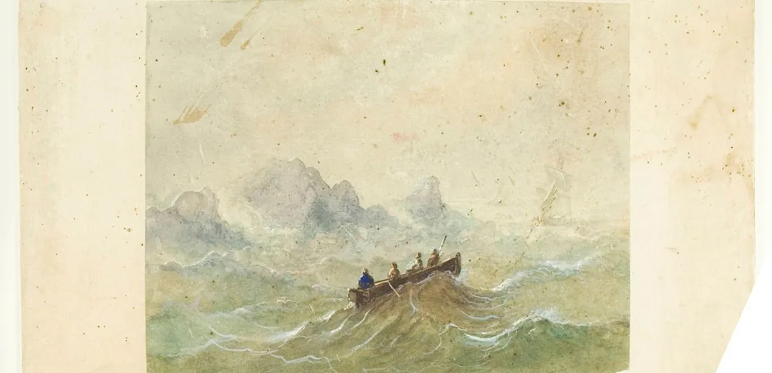 A small rowing boat in seas with large waves