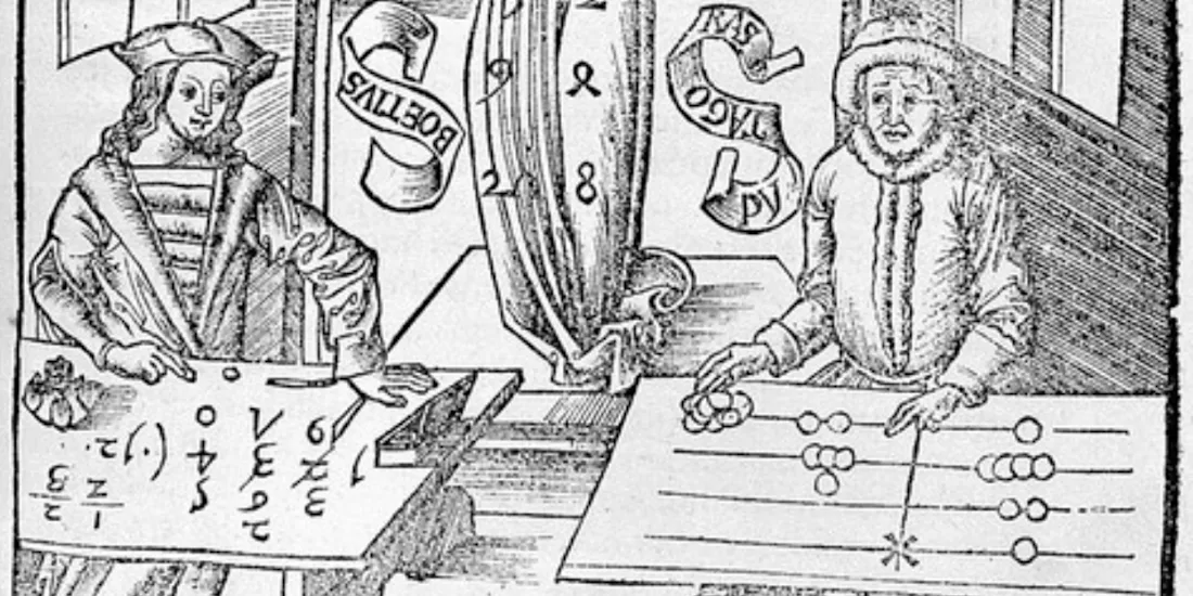 Two men using medieval abacus and counting board