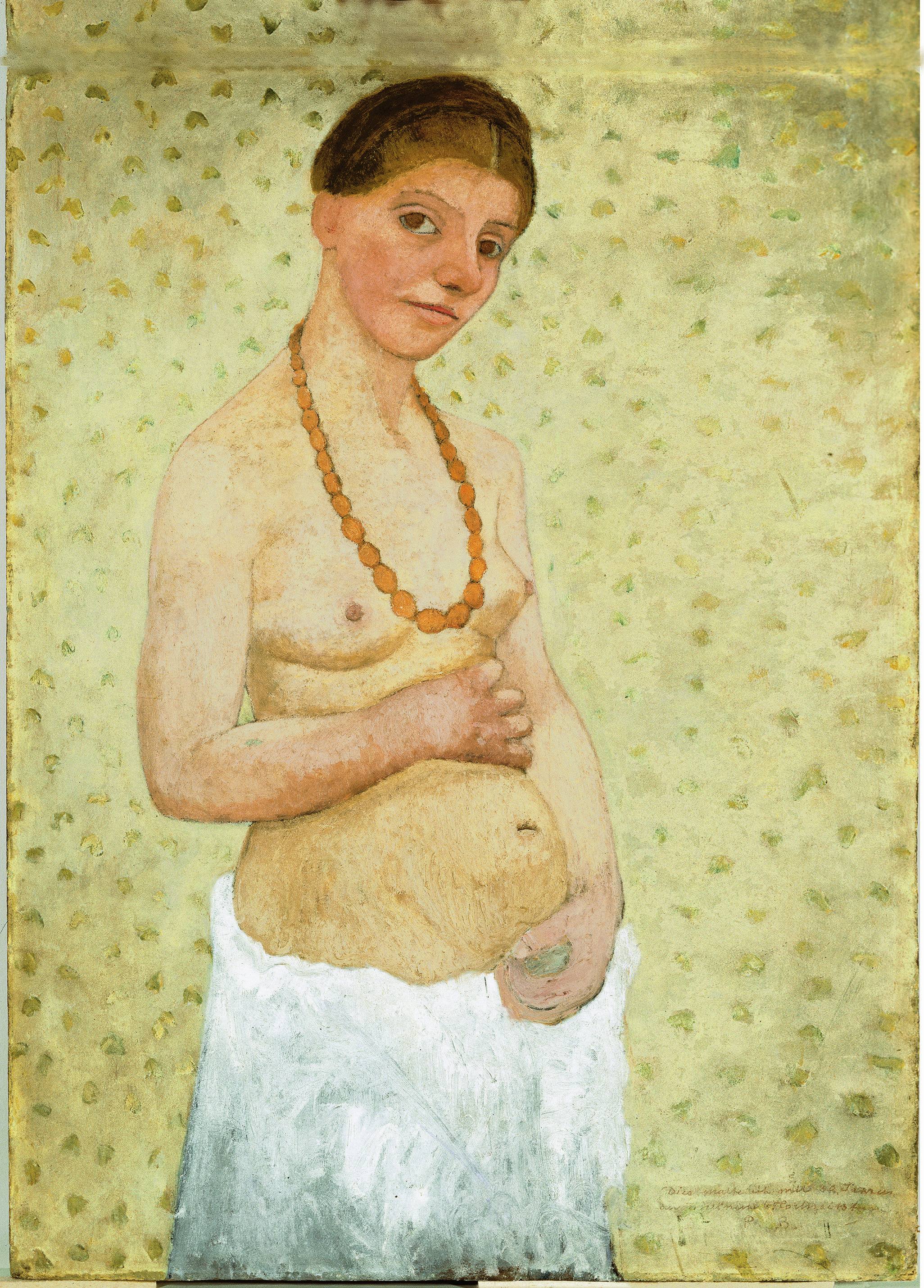 painting of woman naked from waist upwards wearing orange necklace