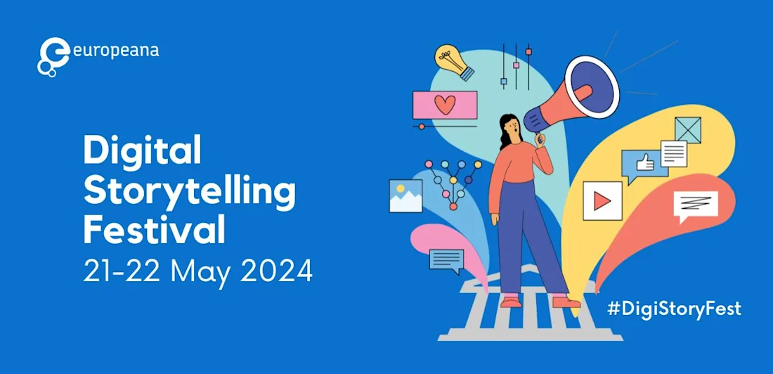 Digital Storytelling Festival Graphic, a figure with a microphone, 21 - 22 May 2024