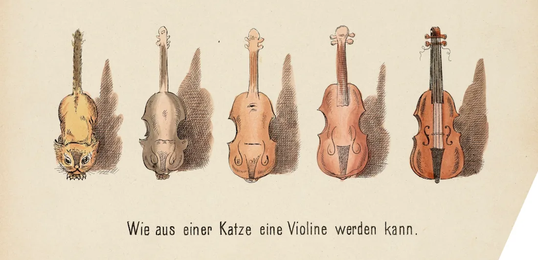 A cat transforming into a violin with the text 'wie aus einer Katze eine Violine werden kann.'