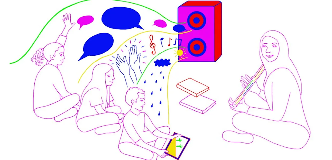 llustration of a teacher playing music to three young, seated children, one of whom works on an iPad