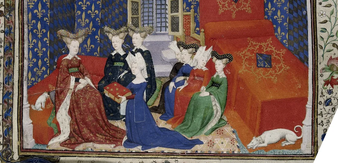 Detail of a presentation miniature with Christine de Pisan presenting her book to queen Isabeau of Bavaria