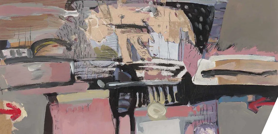 Abstract mixed-media painting with layered geometric shapes and textured brushstrokes in muted pink, beige, gray, and black tones.