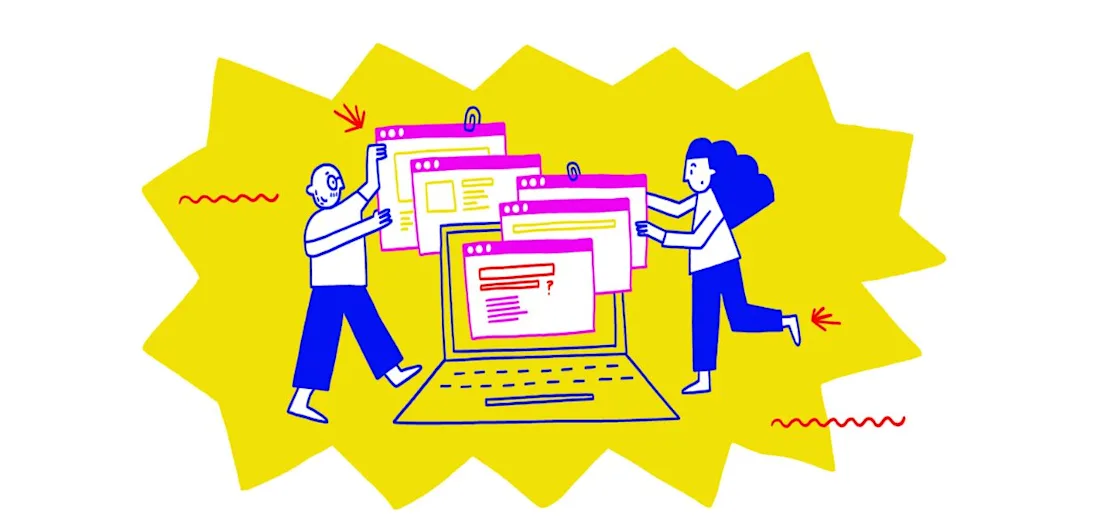 Illustration of figures placing webpages onto a computer