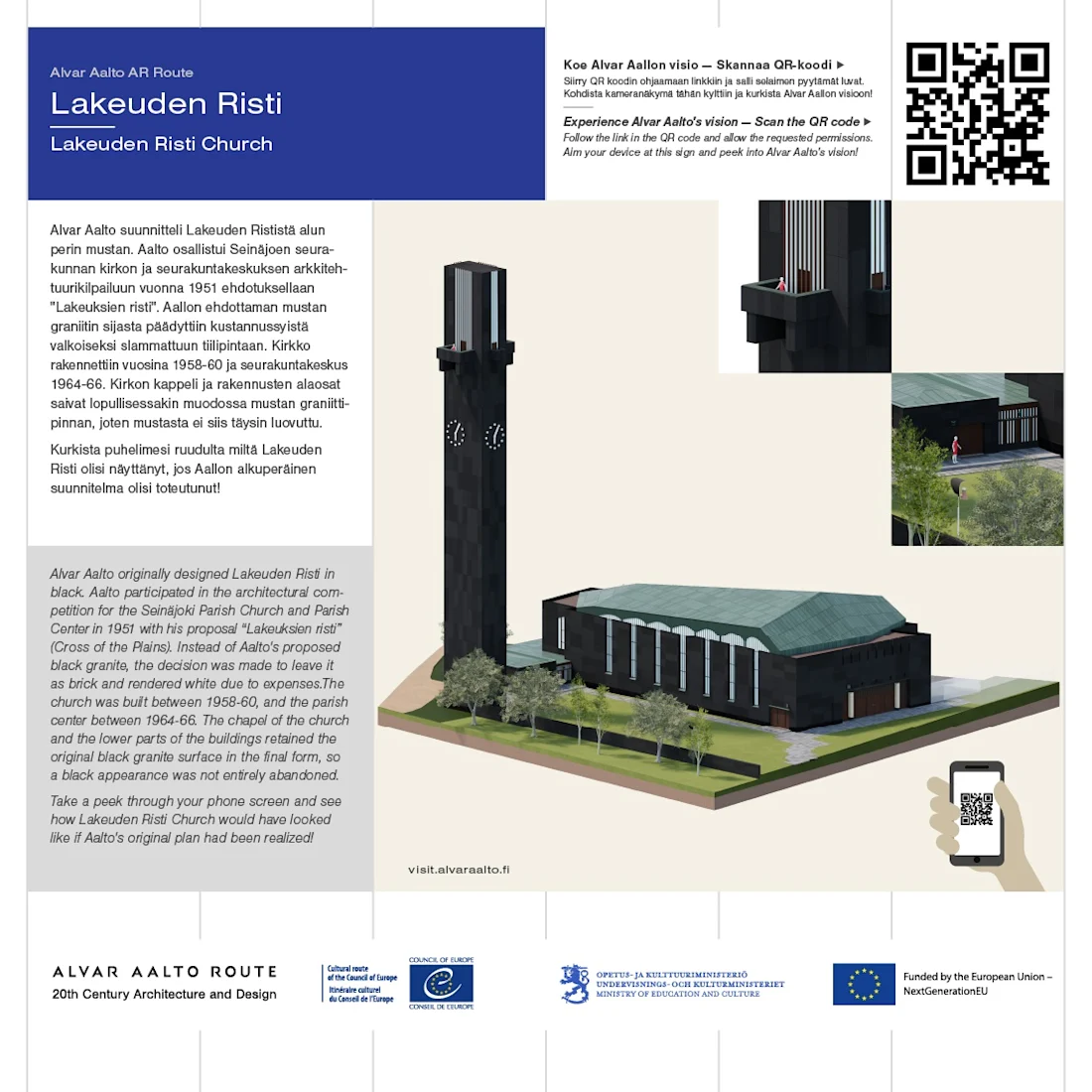 A screenshot of the Cultural Routes webpage for the Lakeuden Risti. It shows a 3D model of a large, dark building with tall windows and a green route, next to a very tall tower and some explanation of the building. ©Alvar Aalto Route. In Copyright.
