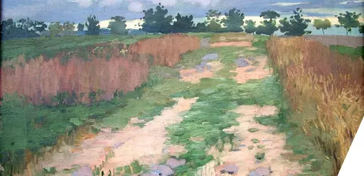 A dirt road, trodden by wagon wheels, leads to the horizontal horizon, from which groups of leafy trees grow