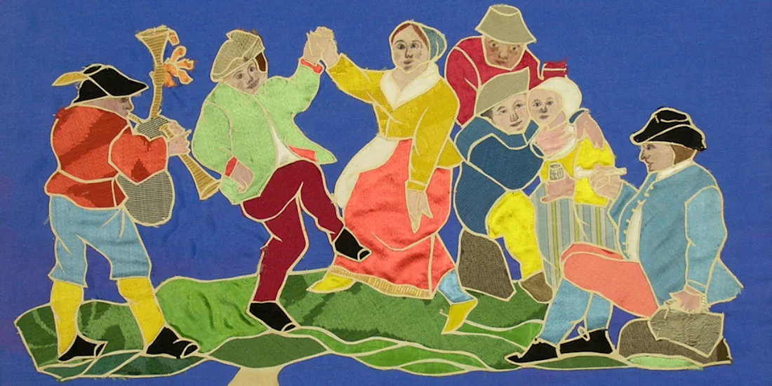 Decoupage with motifs of dancing couples, fiddler with bagpipe. Man with chalk pipe and drinking jug. The clothes in red, blue, purple, yellow and green