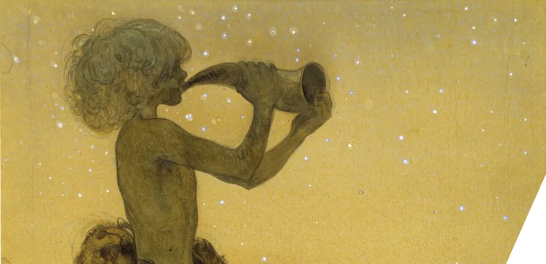 A fairy shepherd blows a horn. Stars twinkle in the background.