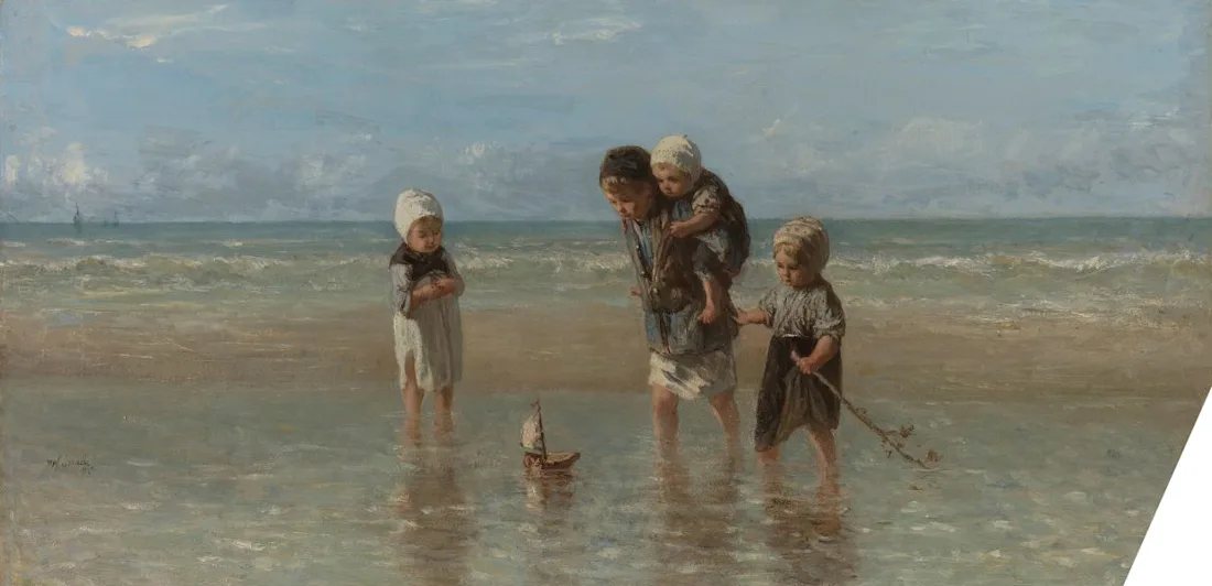 Three children paddling in the sea look at a small, toy boat. The largest child is carrying a smaller child on their back.