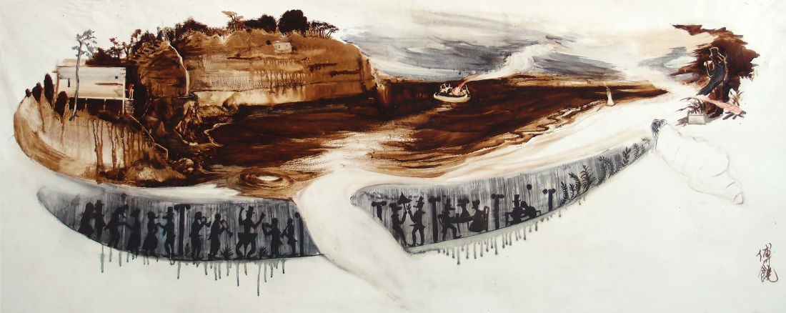 Rao Fu, Follow wind III, 2015, Bitumen and pigment on paper, 50 x 128 cm © Rao Fu.