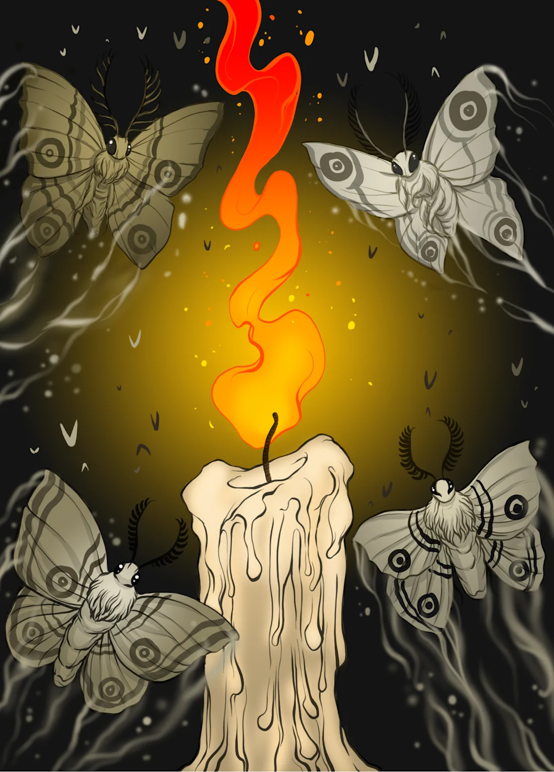 Four moths fly around a glowing candle with a tall, swirling orange flame against a dark background.