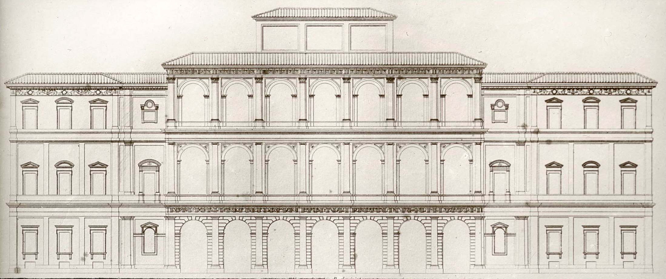 architectural drawing of a building with arches.