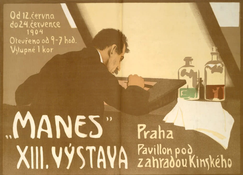 Poster for an exhibition organised by the Mánes association. An artist is working at his desk.