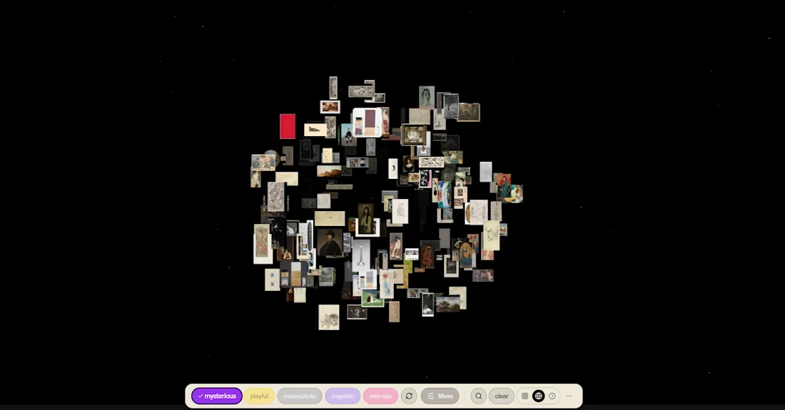 A cluster of various small images arranged in a circular pattern on a black background, with filter tags below.