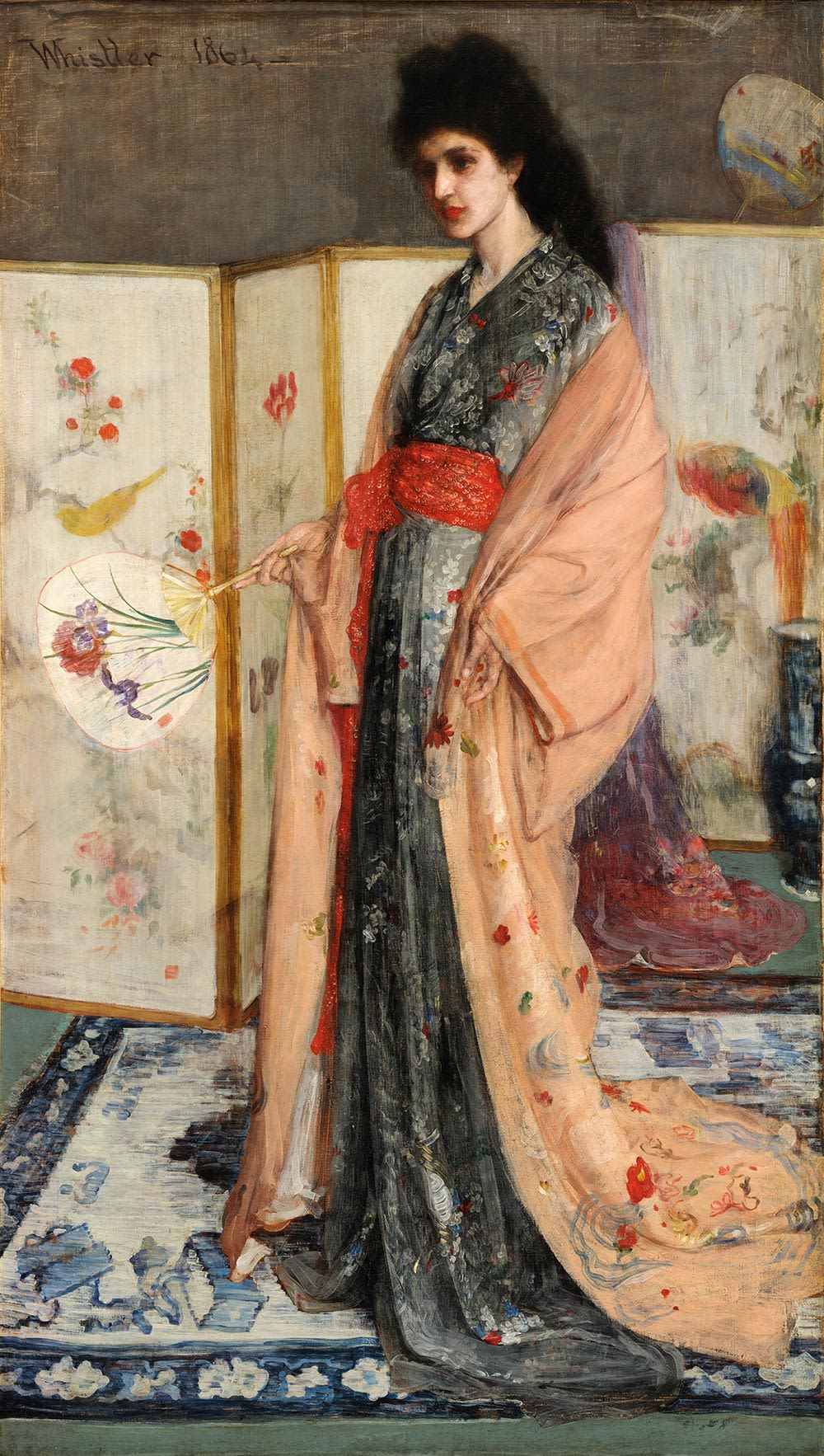 painting of a woman in a kimono, holding a fan