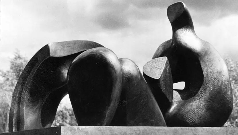 black and white photograph of an outdoor, abstract sculpture