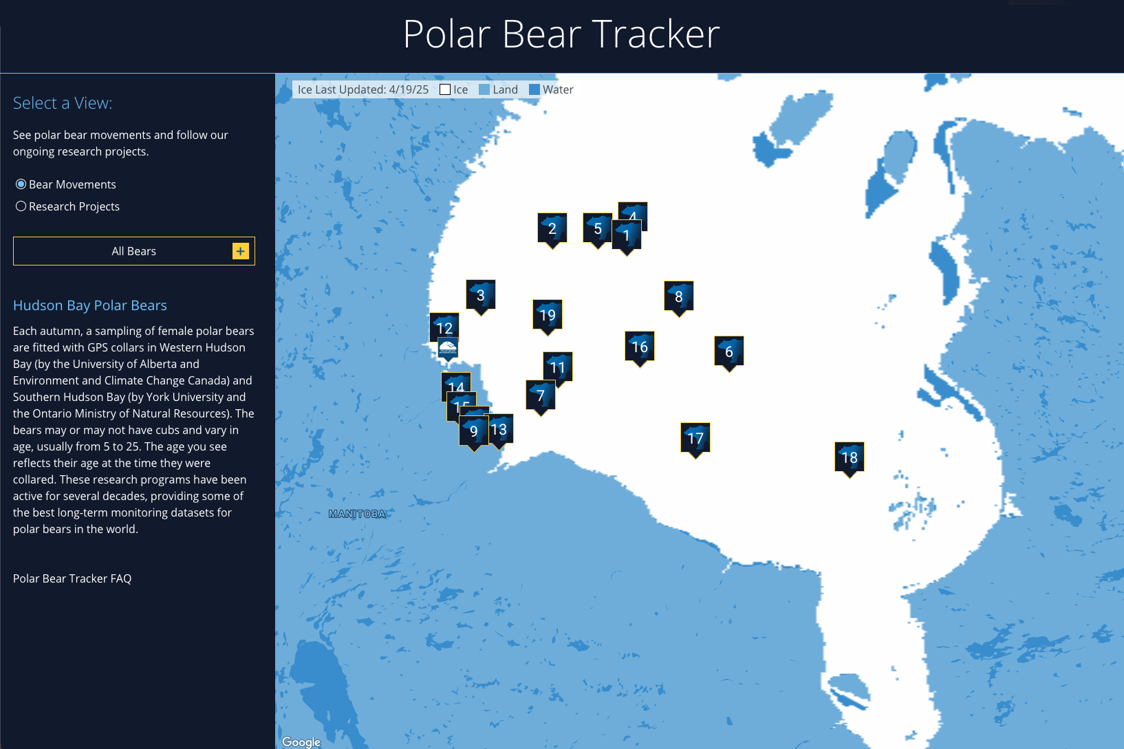 A map showing the locations of the bears on the PBI Bear Tracker