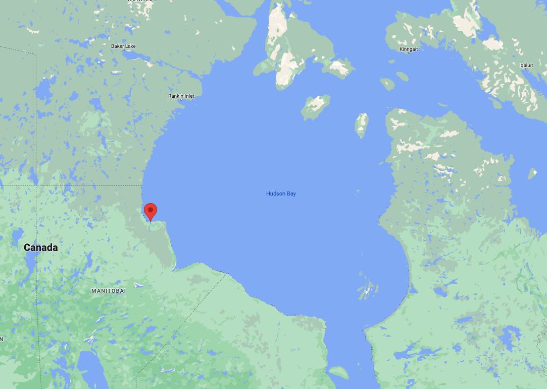 Map view of Hudson Bay with a pin on Churchill