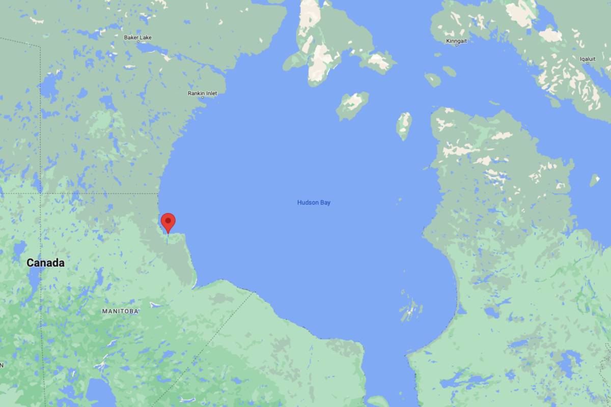 Map view of Hudson Bay with a pin on Churchill