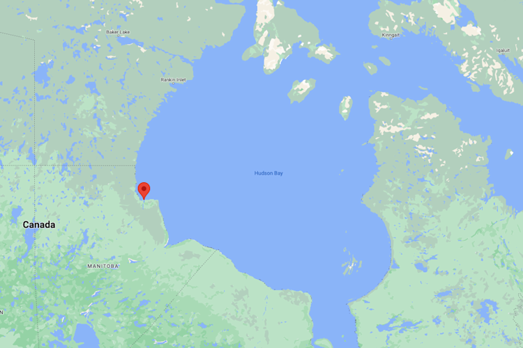 Map view of Hudson Bay with a pin on Churchill