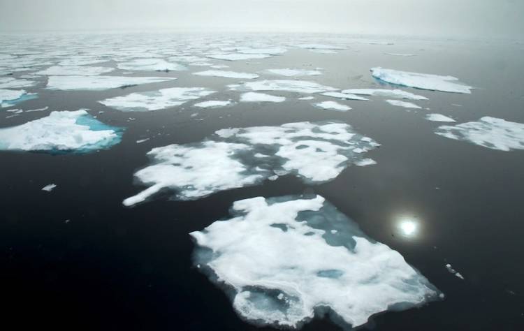 Overview of Arctic waters with melting sea ice.
