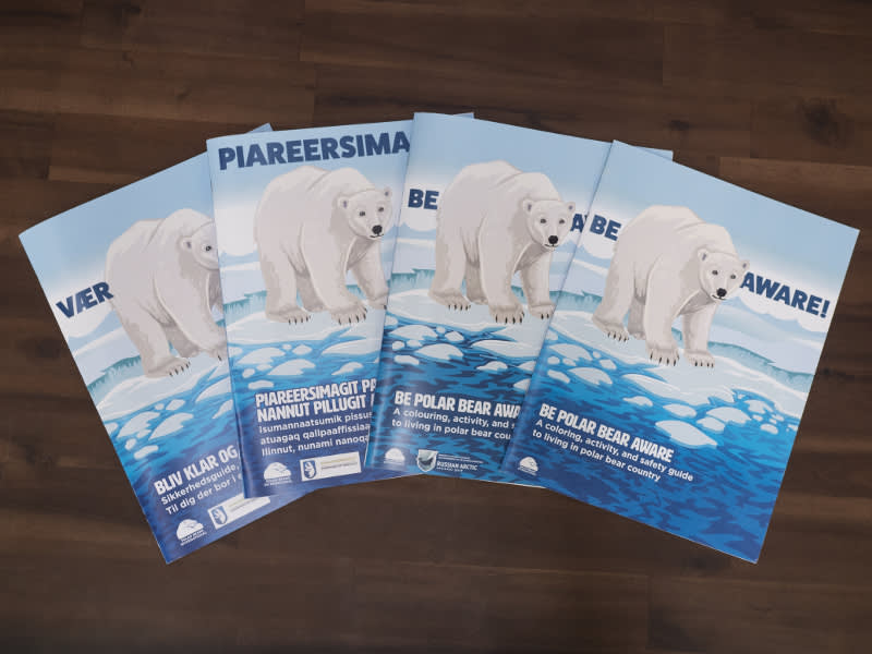 Four polar bear safety coloring books in different languages"