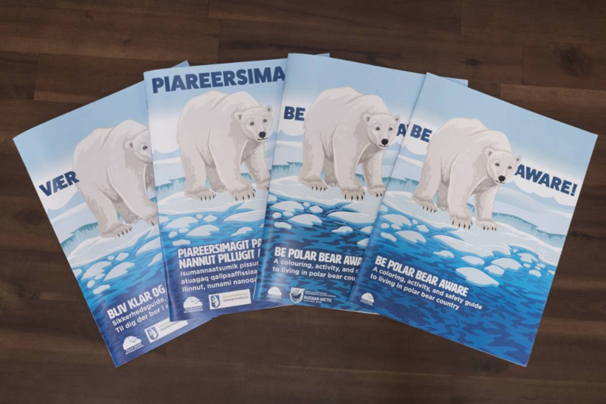Four polar bear safety coloring books in different languages"