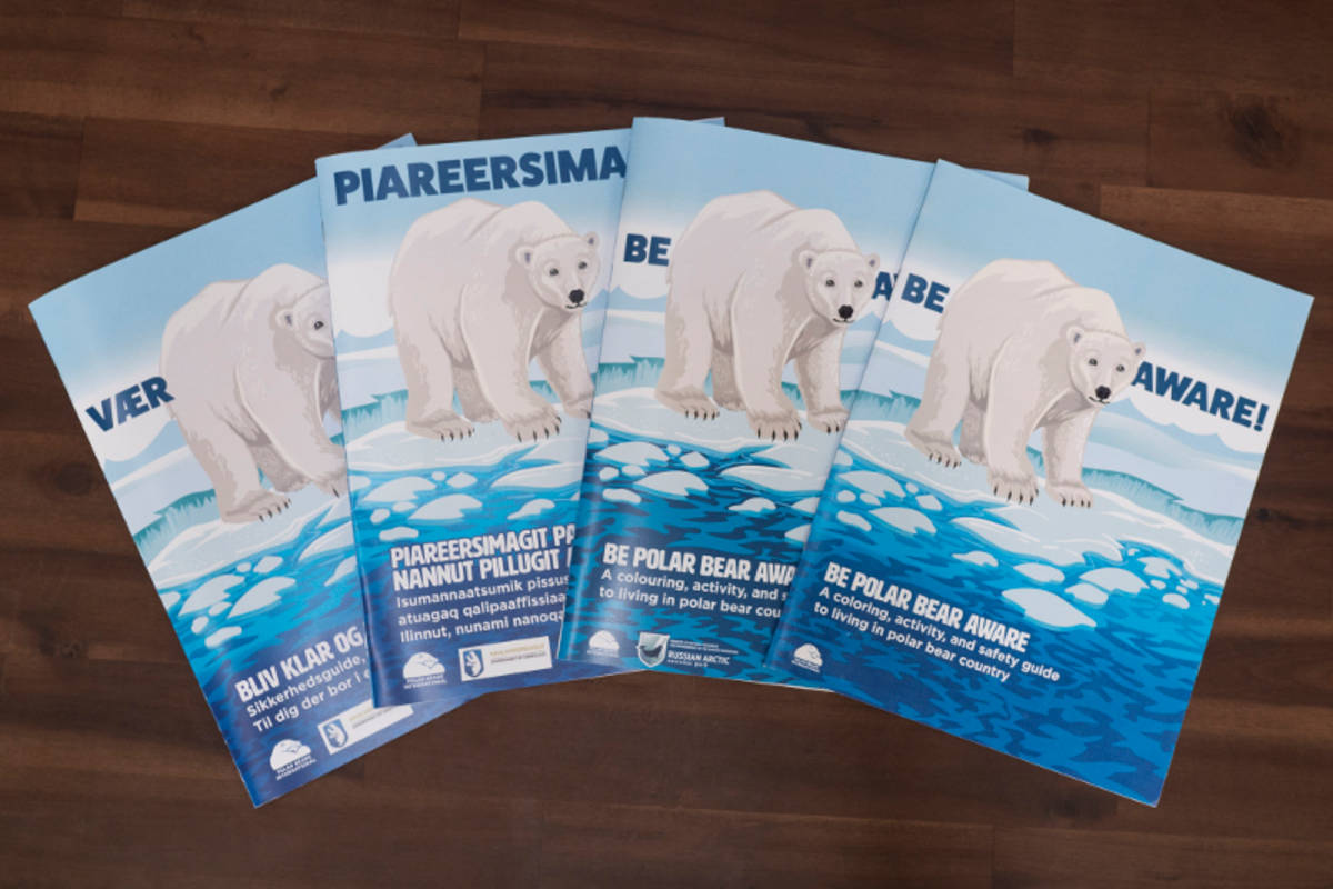 Four polar bear safety coloring books in different languages"
