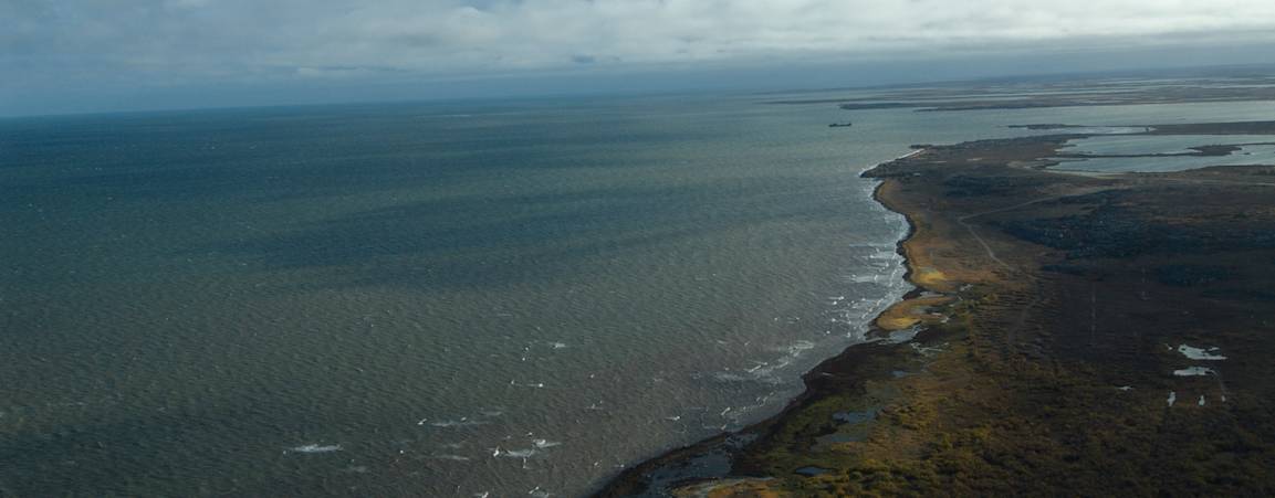 Aerial image of the Churchill coastline with no snow