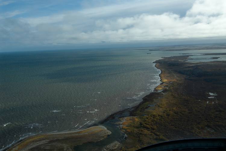 Aerial image of the Churchill coastline with no snow