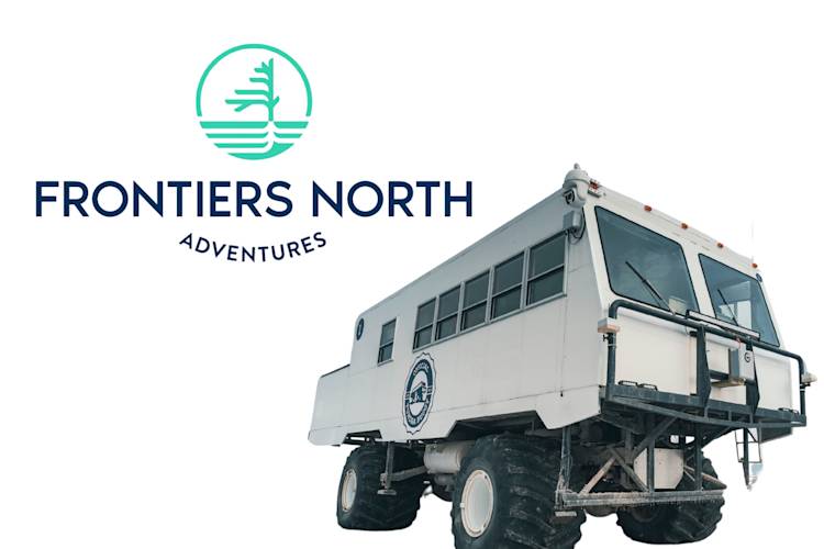 A collage of a Tundra Buggy and the Frontiers North Adventures logo
