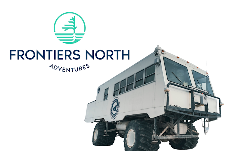 A collage of a Tundra Buggy and the Frontiers North Adventures logo