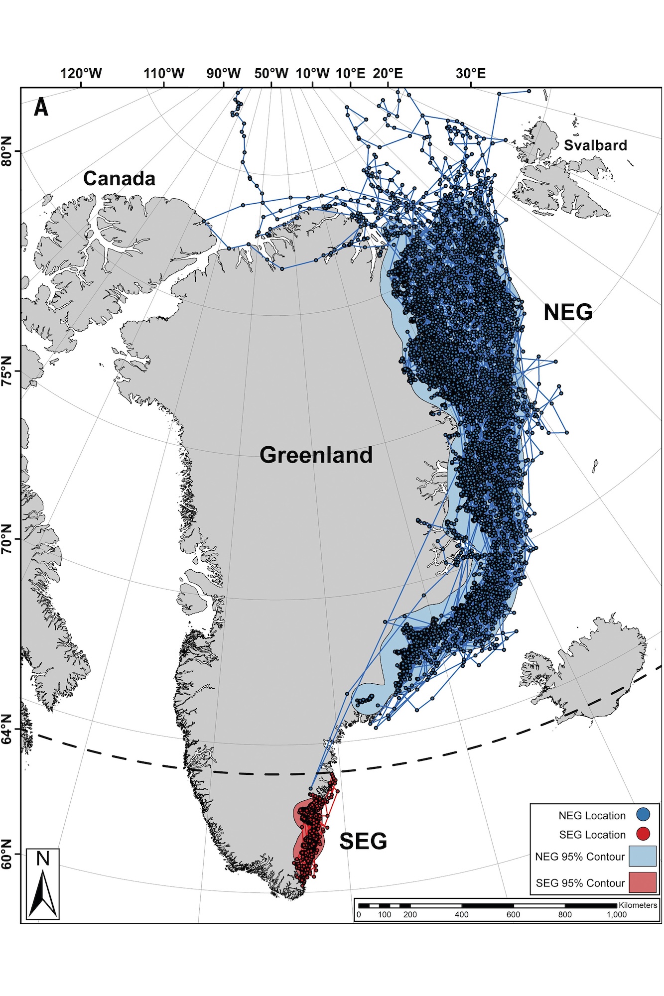 A map of the two polar bear populations of Greenland, showing the newly discovered 20th population