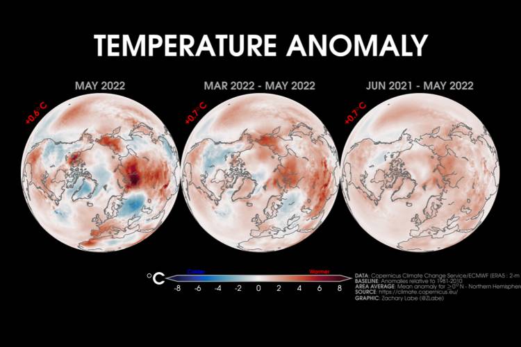 Maps of surface air temperature departures averaged for May 2022 , March 2022 to May 2022 , and June 2021 to May 2022