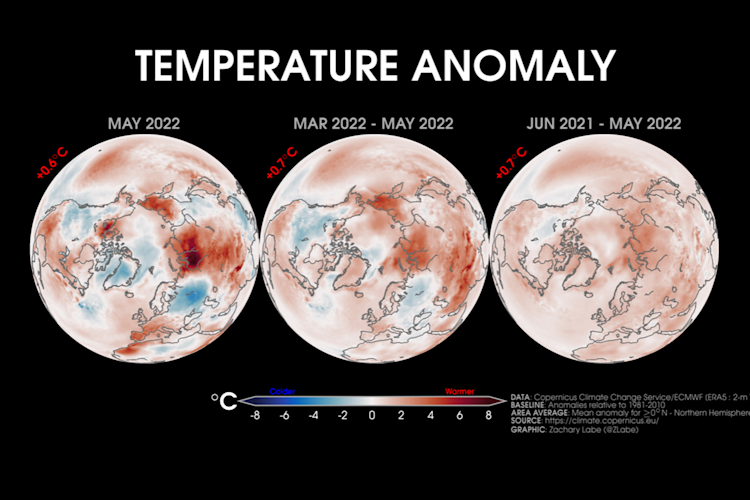Maps of surface air temperature departures averaged for May 2022 , March 2022 to May 2022 , and June 2021 to May 2022
