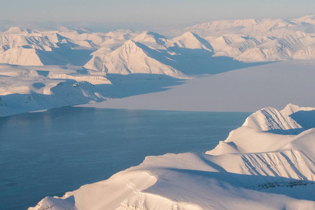 Aerial view of a frozen landscape in Svalbard, Norway