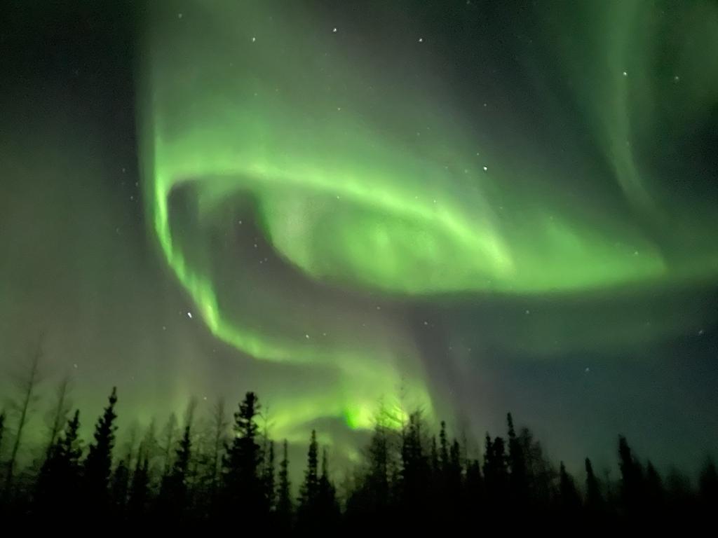 Green bands of northern lights ripple across the night sky.