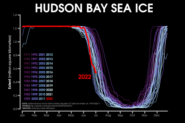 Daily Arctic sea-ice extent for each year from 1979 to 2021