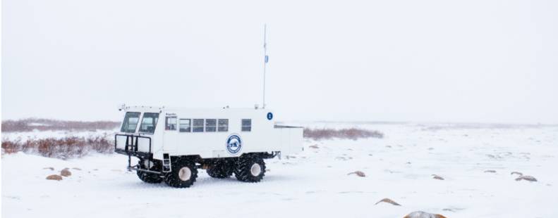 Tundra Buggy One making its way across the snowy tundra