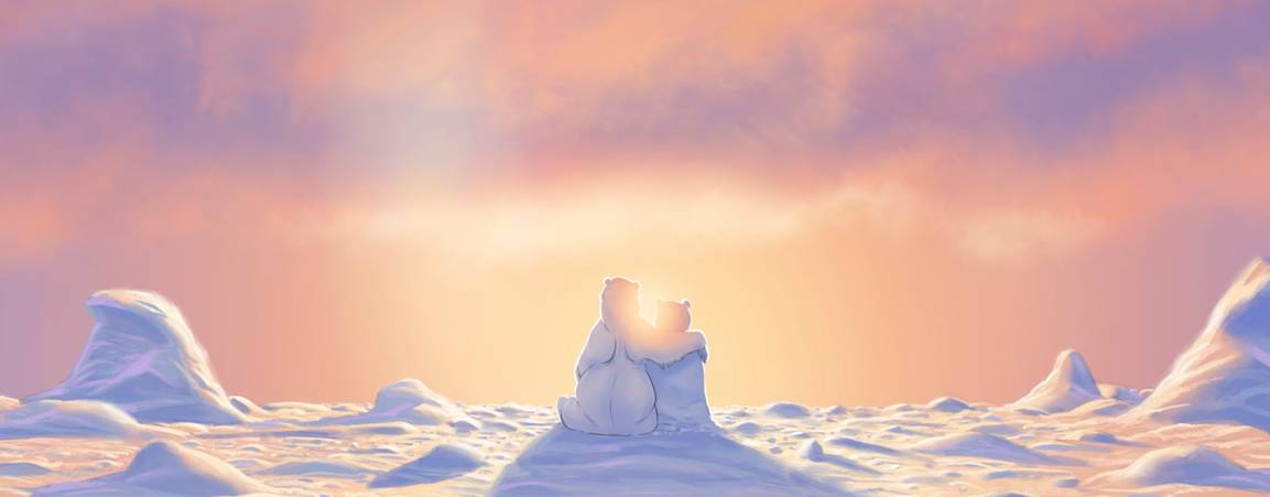 A drawing of a polar bear on a snowy landscape