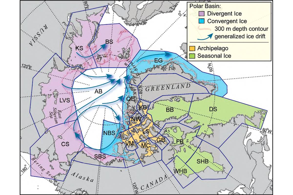 Map of four polar bear ecoregions defined by grouping recognized populations which share seasonal patterns of ice motion (dark blue lines) and distribution