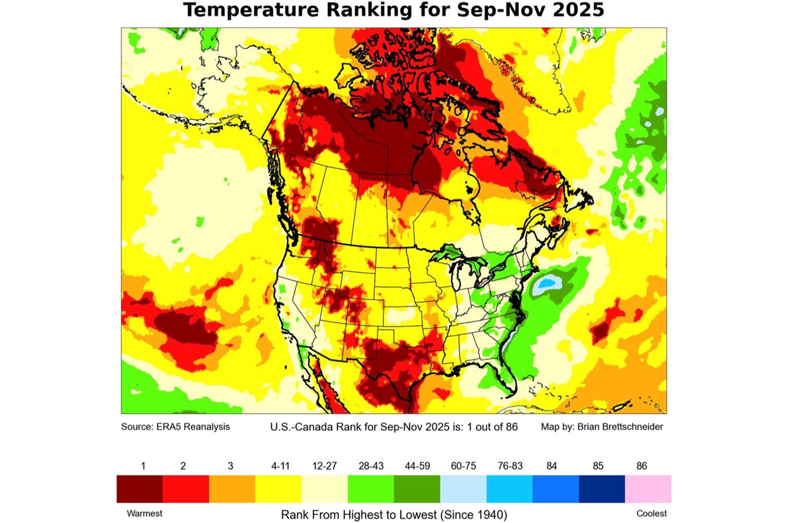 Map showing temperature ranking for September to November 2025
