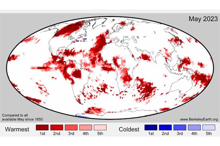 Rank of May 2023 temperatures; dark red marks areas where 2023 was the warmest May on record