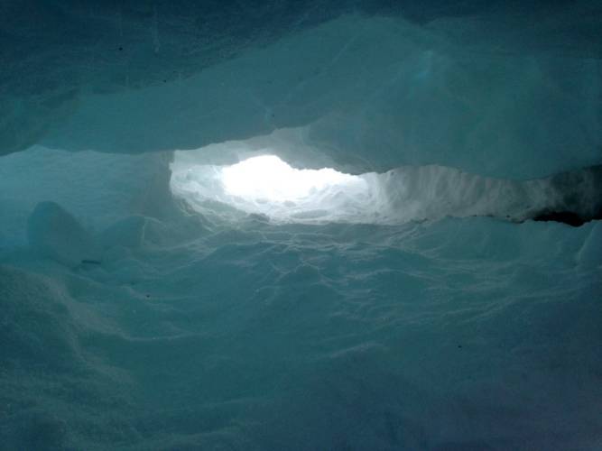 The view from inside a polar bear snow den.