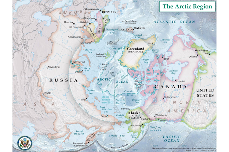 An overhead map of the circumpolar Arctic