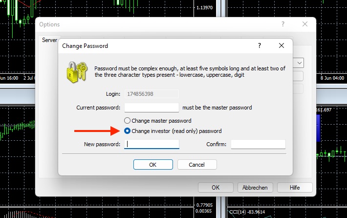 Screenshot Change Investor Password MT4 Desktop